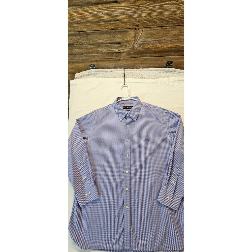 Ralph Lauren Mens Gingham Easy Care Button Down Shirt Blue White 17.5 32/33